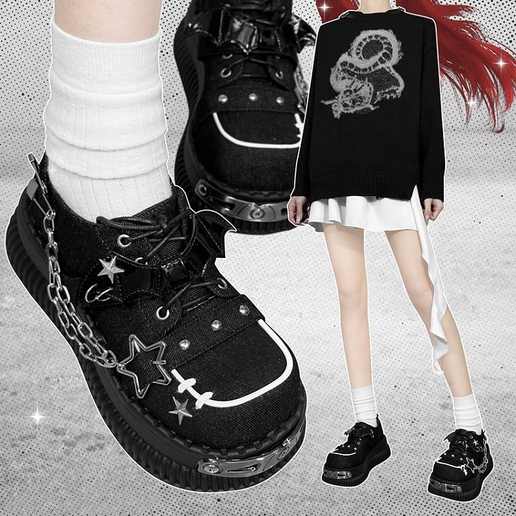 Star-shaped Studs and Chains Gothic Black Bat Wings Platforms Punk Shoes