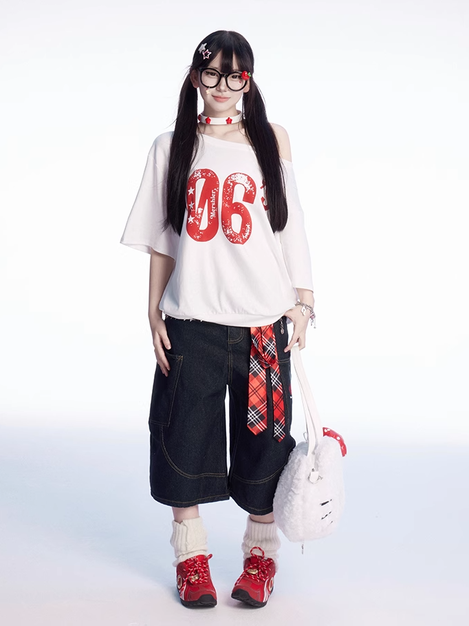 Vintage Number Print White Asymmetrical Neckline T-shirt