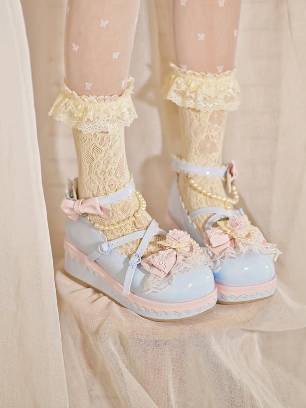 Blue Floral Design Bow at Top Lace Trim Heart Buckle Platforms With Detachable Beaded Chain