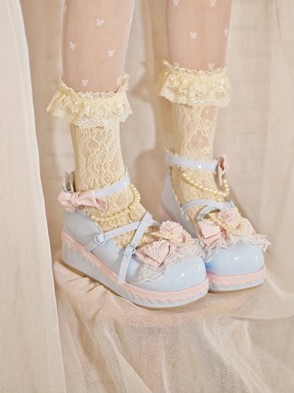 Blue Floral Design Bow at Top Lace Trim Heart Buckle Platforms With Detachable Beaded Chain