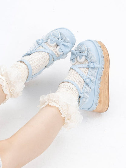 Blue Crisscross Design Bunny Ear Bow at Top Lace Trim Platforms