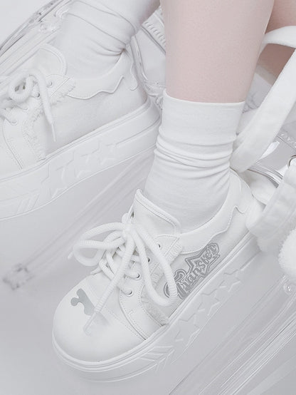 Letter Print, Raw Hem Details & Secure Lace Closure White Platforms in Otaku Style