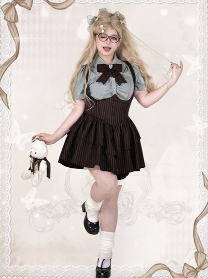 Plus Size Preppy Style Mint Blue Heart Buttons Short Sleeves Blouse