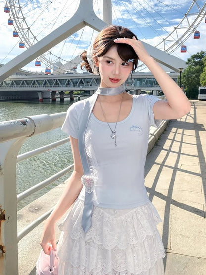 Dolphin-shaped Cutout Back Blue Scoop Neckline T-shirt