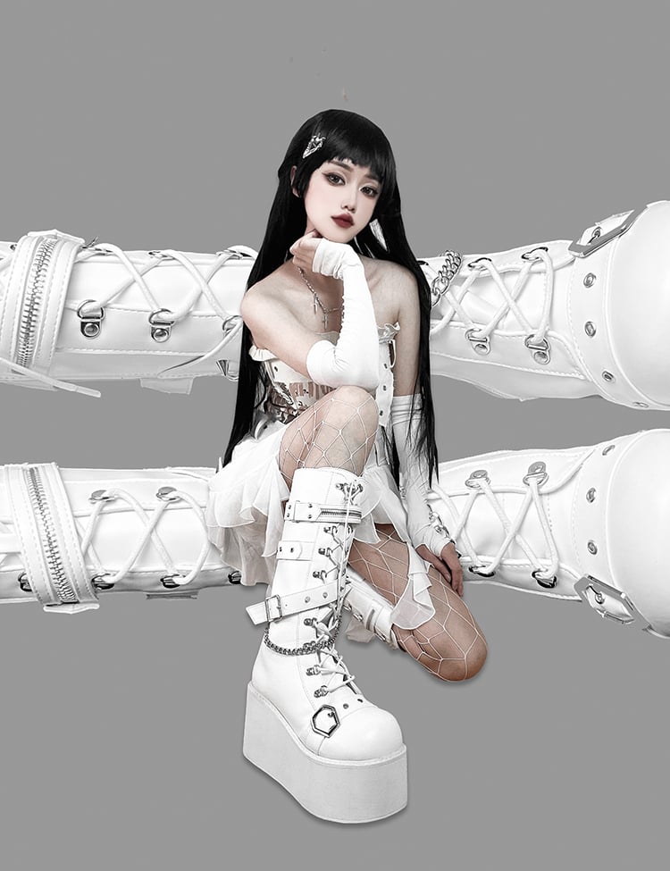 Studs Chains Metal Punk Matte White Platform Boots