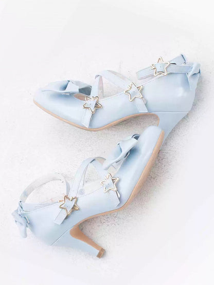 Blue Bow at Top Star Buckle Straps High Heels