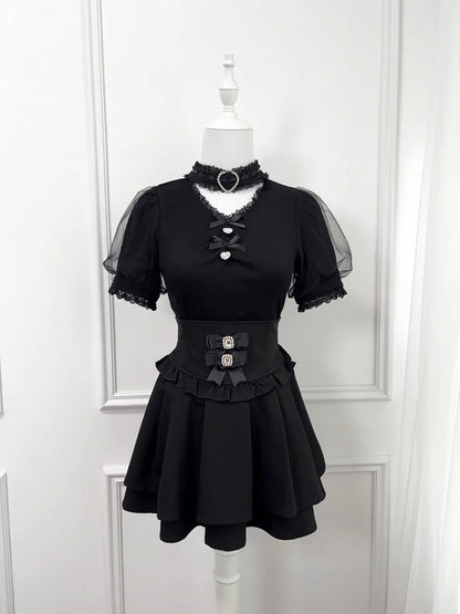 Bowknot and Rhinestone Decoration Choker Design Black Jirai Kei Blouse