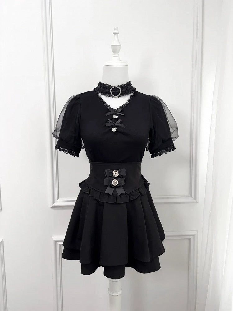 Bowknot and Rhinestone Decoration Choker Design Black Jirai Kei Blouse