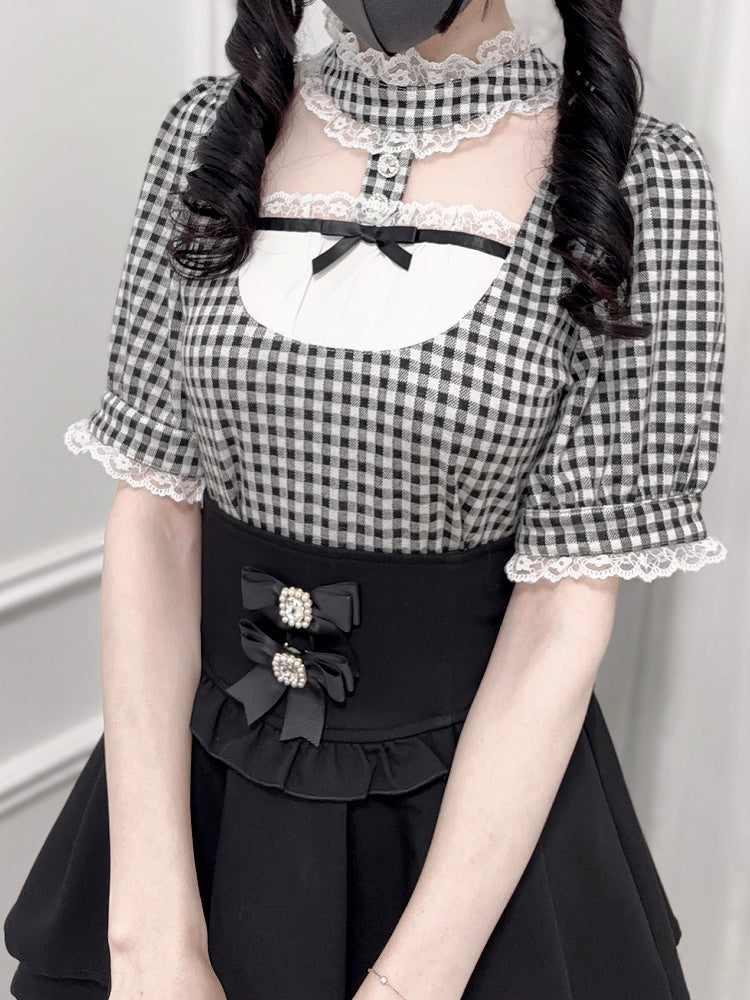 Jirai Kei Black and White Plaid Banded Collar Cutout Front Short Sleeves Blouse