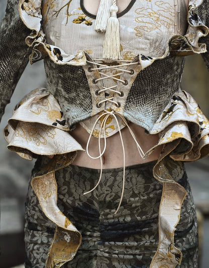 Dusty Green Under Bust Snakeskin Grain Jacket Cascading Ruffle Trim