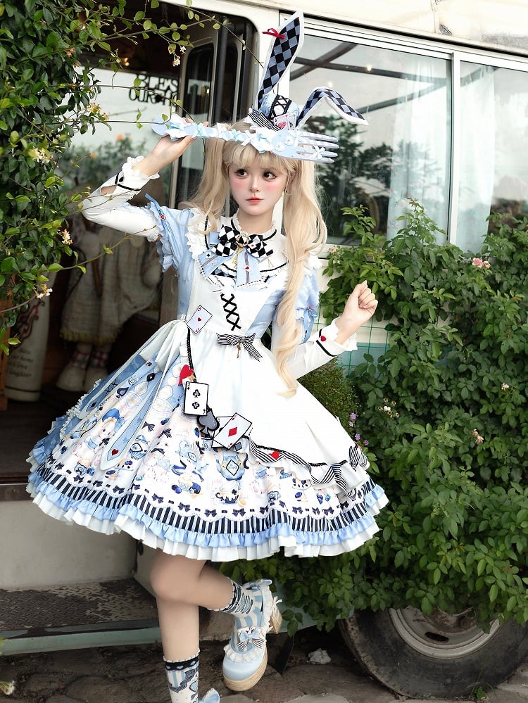 Alice in Wonderland Vibes Blue Bunny and Teapot Print Apron Dress Sweet Lolita OP / Full Set