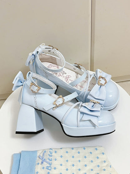 Light Blue Bow Accent Crisscross Design Lolita Platform High Block Heels