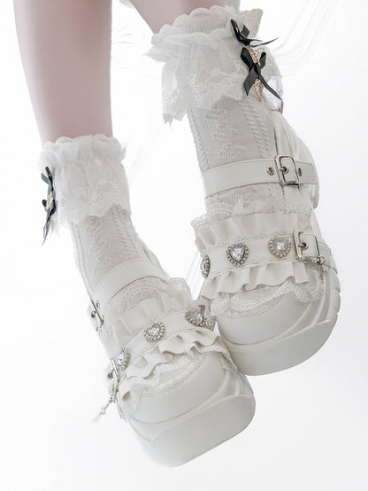 White Bittersweet Rhinestone Heart Details Cross Charm Ruffles Trim Platforms