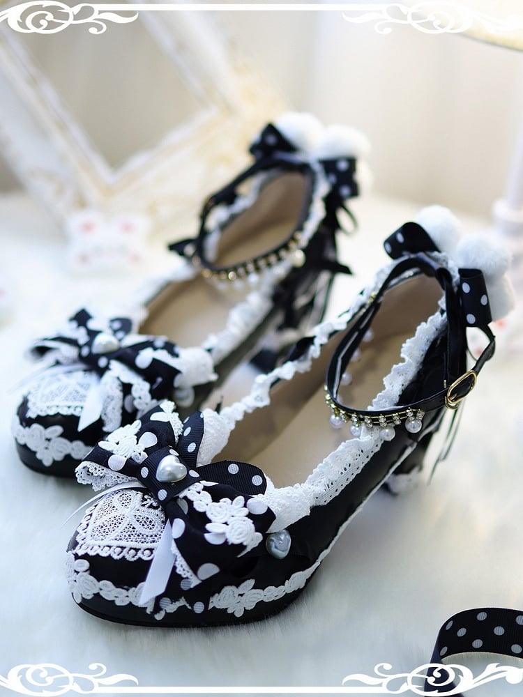 Black Sweet Lolita Bow at Top Plush Bunny Decorated 8CM Block Heels Lolita Shoes