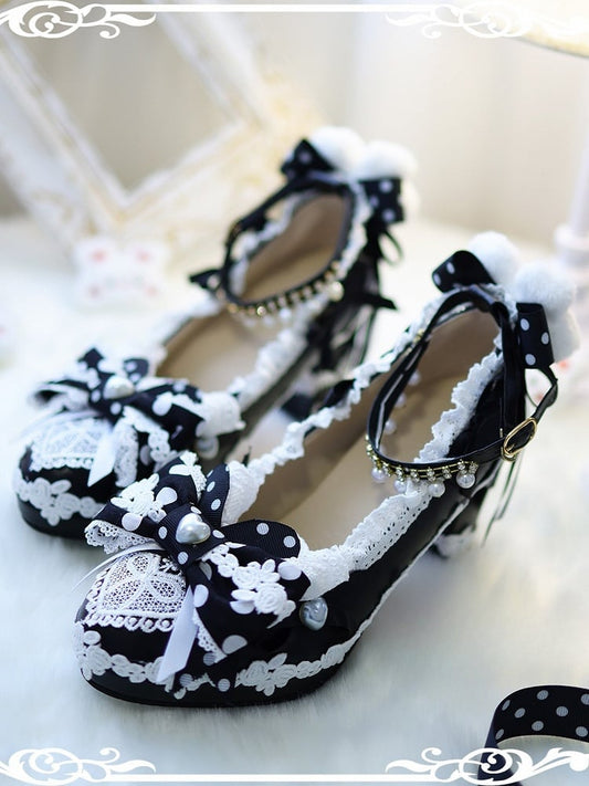 Black Sweet Lolita Bow at Top Plush Bunny Decorated 8CM Block Heels Lolita Shoes