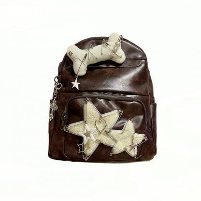 Y2K Coffee Wasteland Punk Backpack | Edgy Star Patch & Pin Design