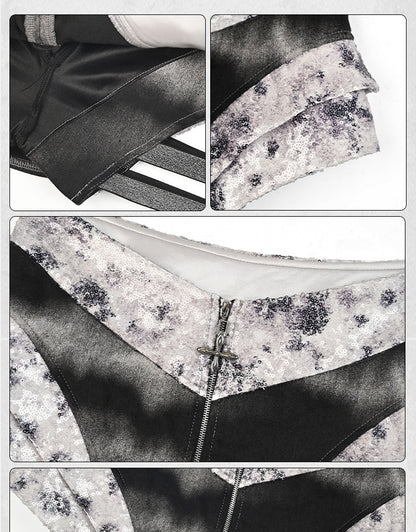 Y3K Fashion Futuristic Black and Silver Low-Waist Side Elastic Bands Cyberpunk Asymmetrical Skort