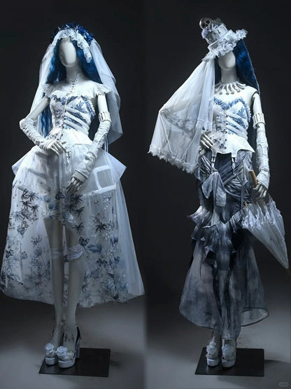 Half White Half Dusty Blue Corpse Bride Floral Embroidery Goth Boned Corset Top