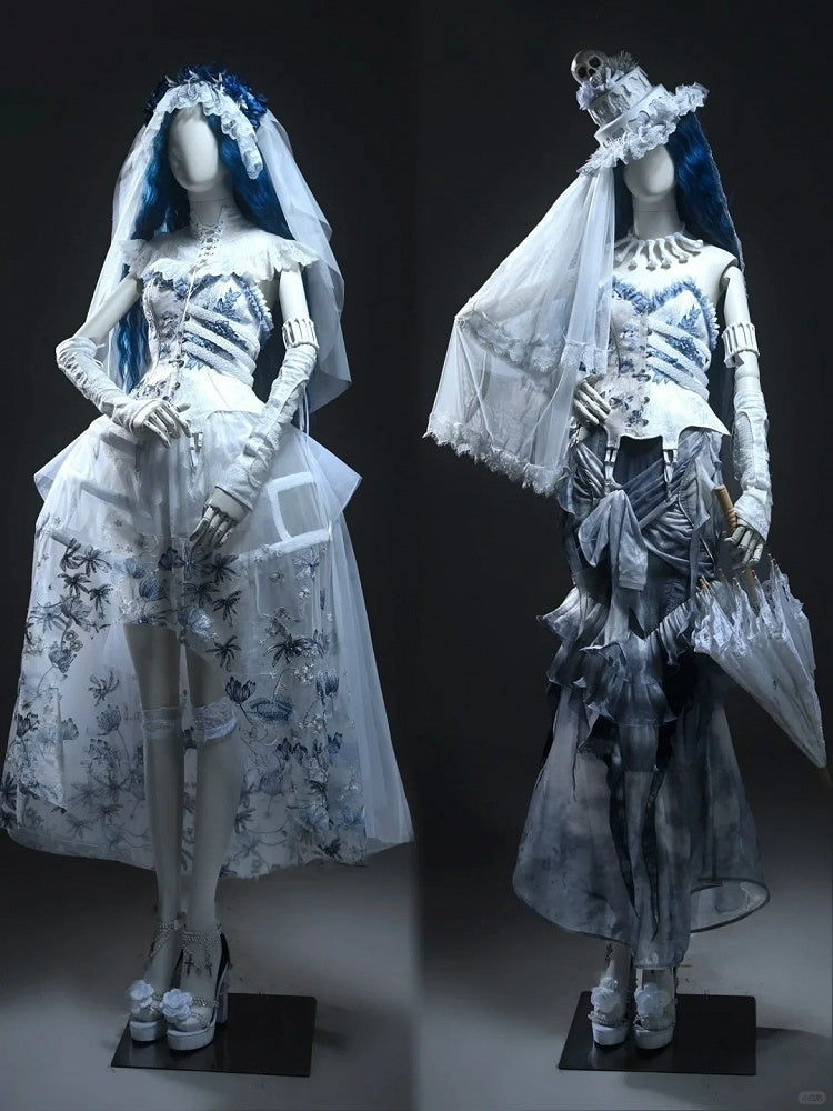 Half White Half Dusty Blue Corpse Bride Floral Embroidery Goth Boned Corset Top