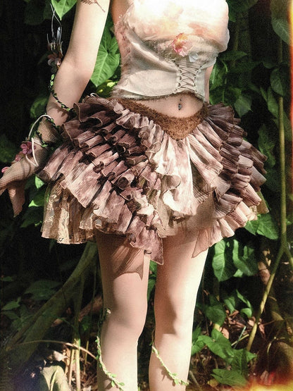 Brown Low Waist Fairy Goth Tie Dye Tiered Ruffles Skirt with Shorts Lining