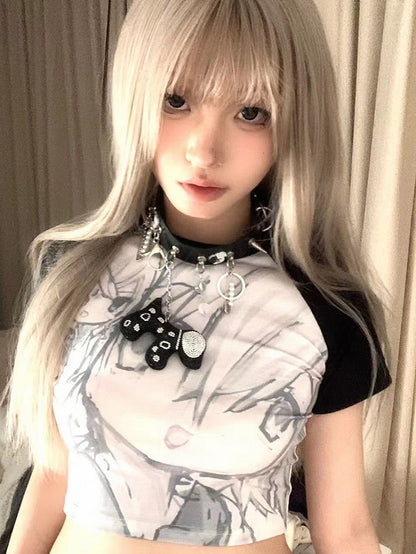 Black Colorblock Design Graphic Cropped Top