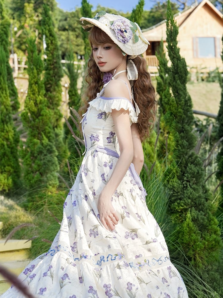 Purple Iris Embroidery Beige Off-the-shoulder Neckline Jumper Skirt