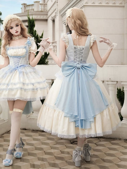 Beige and Light Blue Slim Fit Waist Versatile Neckline Lolita JSK Full Set