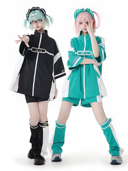 Green & White Colorblock Design Leg Warmers