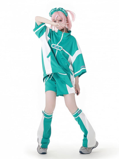 Green & White Colorblock Design Leg Warmers