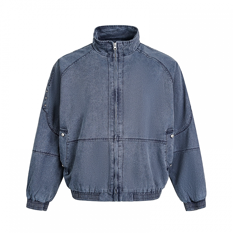 Blue/Apricot Banded Collar Faded Wash Distressed Design Autumn Zip-up Jacket