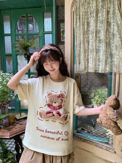 Plush Bear Embroidery Apricot Round Neck Loose Cotton T-shirt