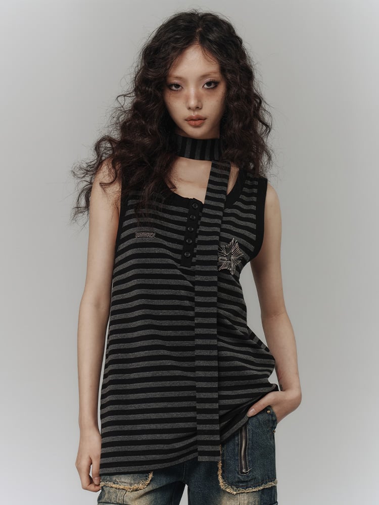 Punk Pins Star Black and Gray Striped Loose Tank Top with Scarf