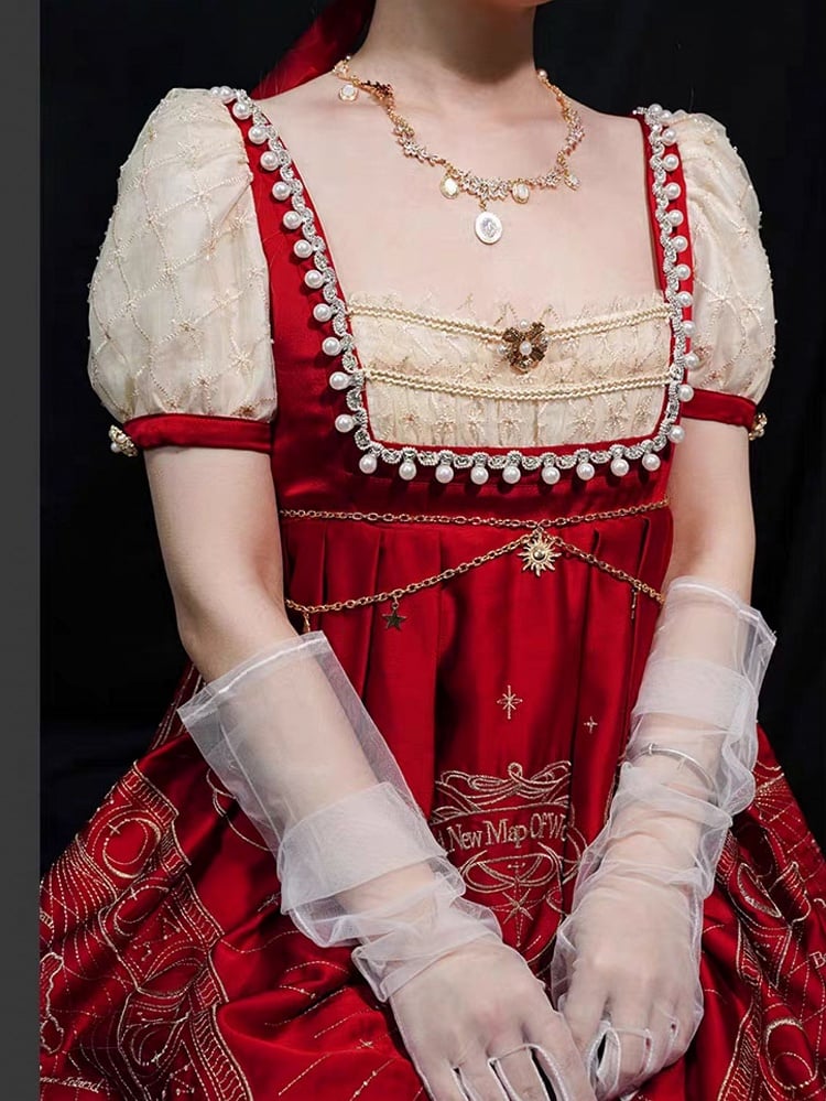 Delicate Gold Celestial Map Embroidery Empire Waist Wine Red and Beige Elegant Classic Lolita One Piece