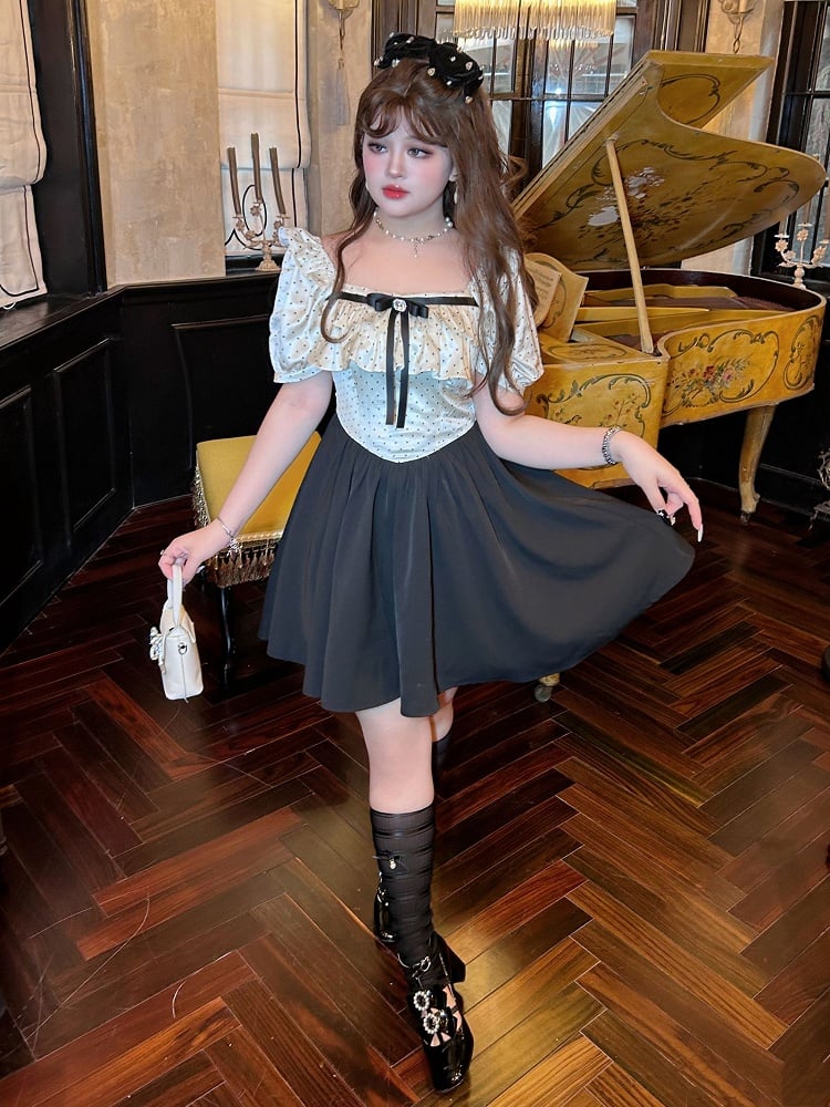 Plus Size Polka-dot Top White and Black Sweet Puff Sleeves Dress