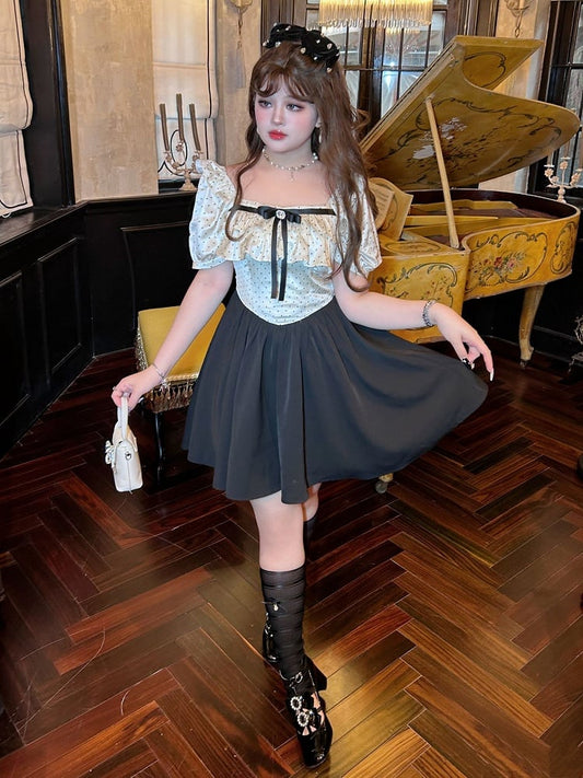 Plus Size Polka-dot Top White and Black Sweet Puff Sleeves Dress