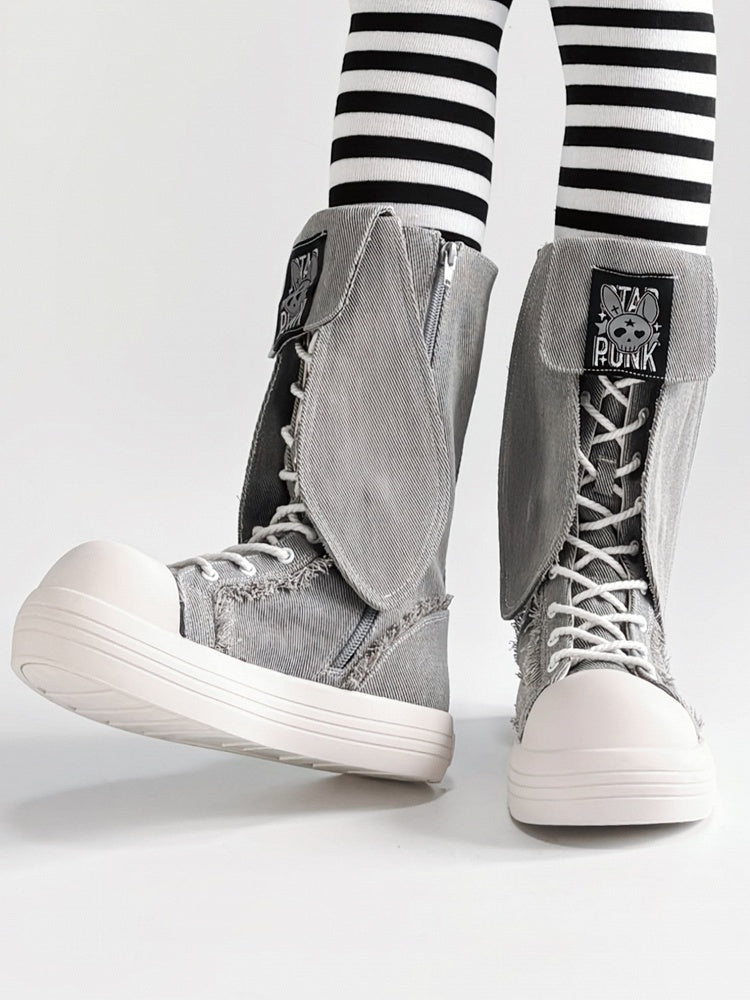 Bunny Ear Details, Raw Hem & Secure Fastening Gray Mid-Calf Boots in Punk Style