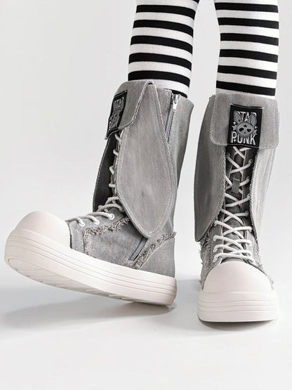 Bunny Ear Details, Raw Hem & Secure Fastening Gray Mid-Calf Boots in Punk Style