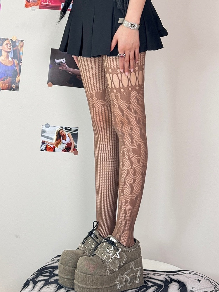 Black/White/Gray/Brown Asymmetrical Design Cut-out Details Tights