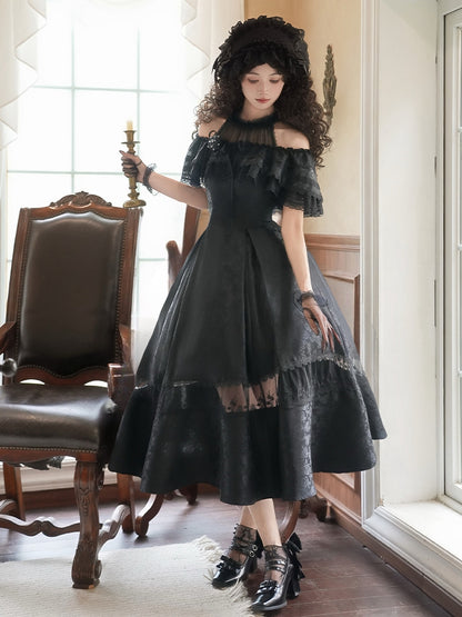 Black Illusion Halter Neck Rosette Jacquard Fabric Elegant Dress Full Set