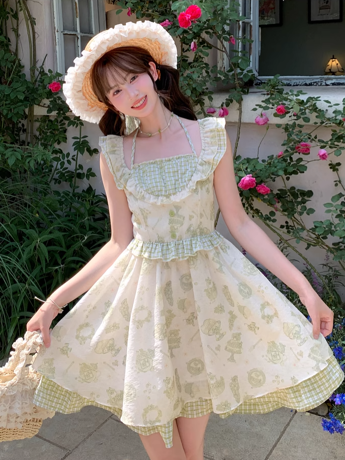 Light Green Plaid Flutter Sleeves Cartoon Print Mori Kei Halter Dress