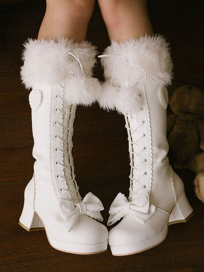 White Sweet Lolita Knee-High Boots - Plush Top Cuff with Bow Embellishments & Lace+Zip System