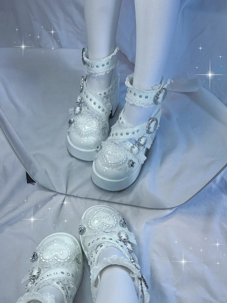 Jirai Kei White Platform Shoes: Round Toe with Lace-Trimmed Cross Strap and Chunky Block Heel