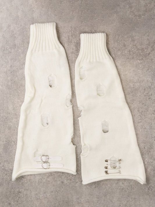 PU Buckles Gothic White Distressed Holes Leg Warmers