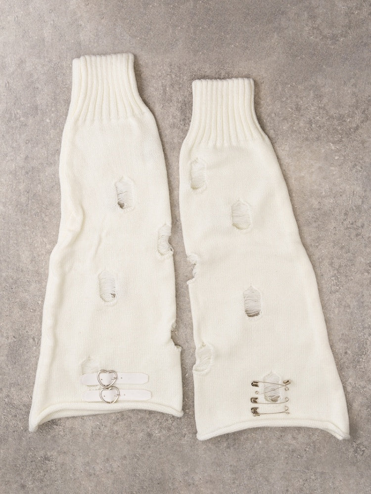 PU Buckles Gothic White Distressed Holes Leg Warmers