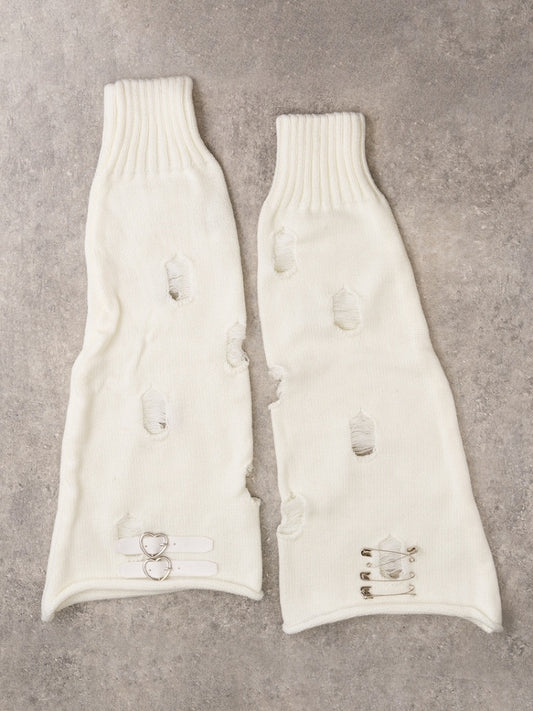 PU Buckles Gothic White Distressed Holes Leg Warmers