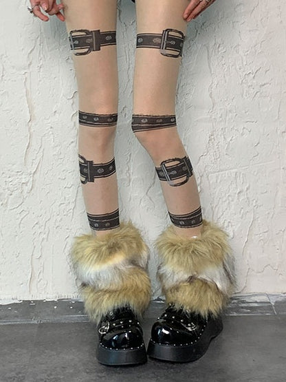 White&Brown Punk Shaggy Leg Warmers