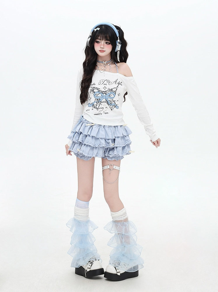 Asymmetrical Neckline Sweet Plaid Bowknot Applique White/Black Top