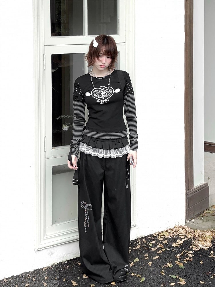 Black & Gray Stripe Top with Star Print Faux Two-pieces Design