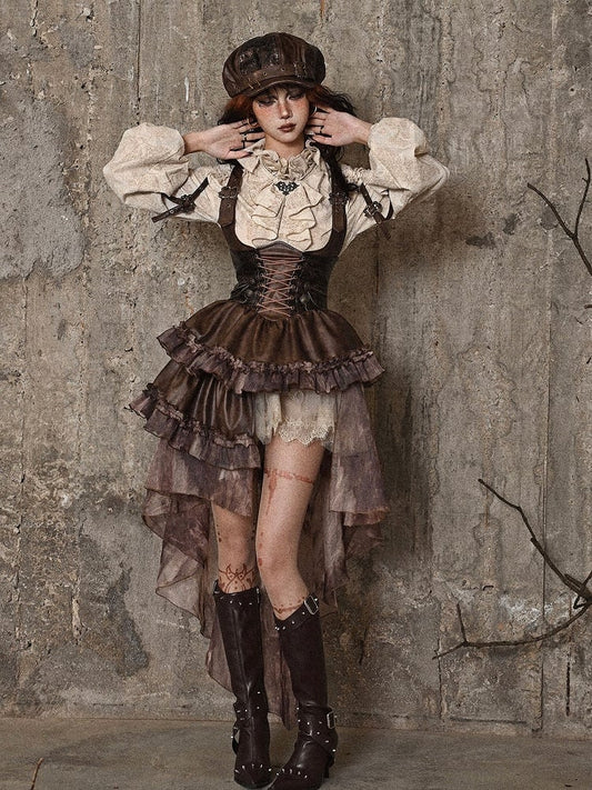 Clearance - Size M for Waist 71cm Brown Western Style Steampunk Asymmetrical PU Overall Dress with Detachable Train