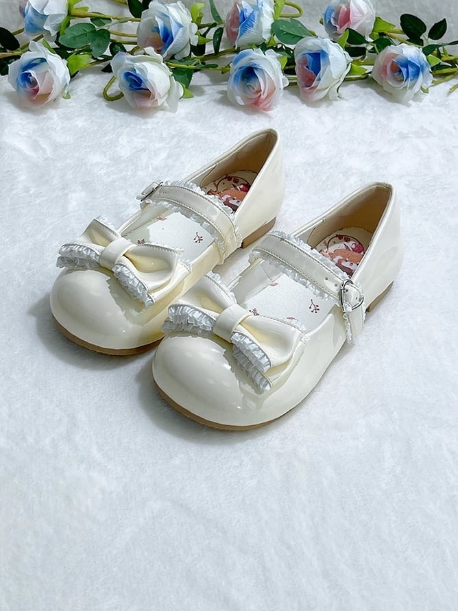 Sweet Beige Lolita Low Heels - Round Toe Design with Ruffled Detailing, Heart Fastener & Delicate Bow